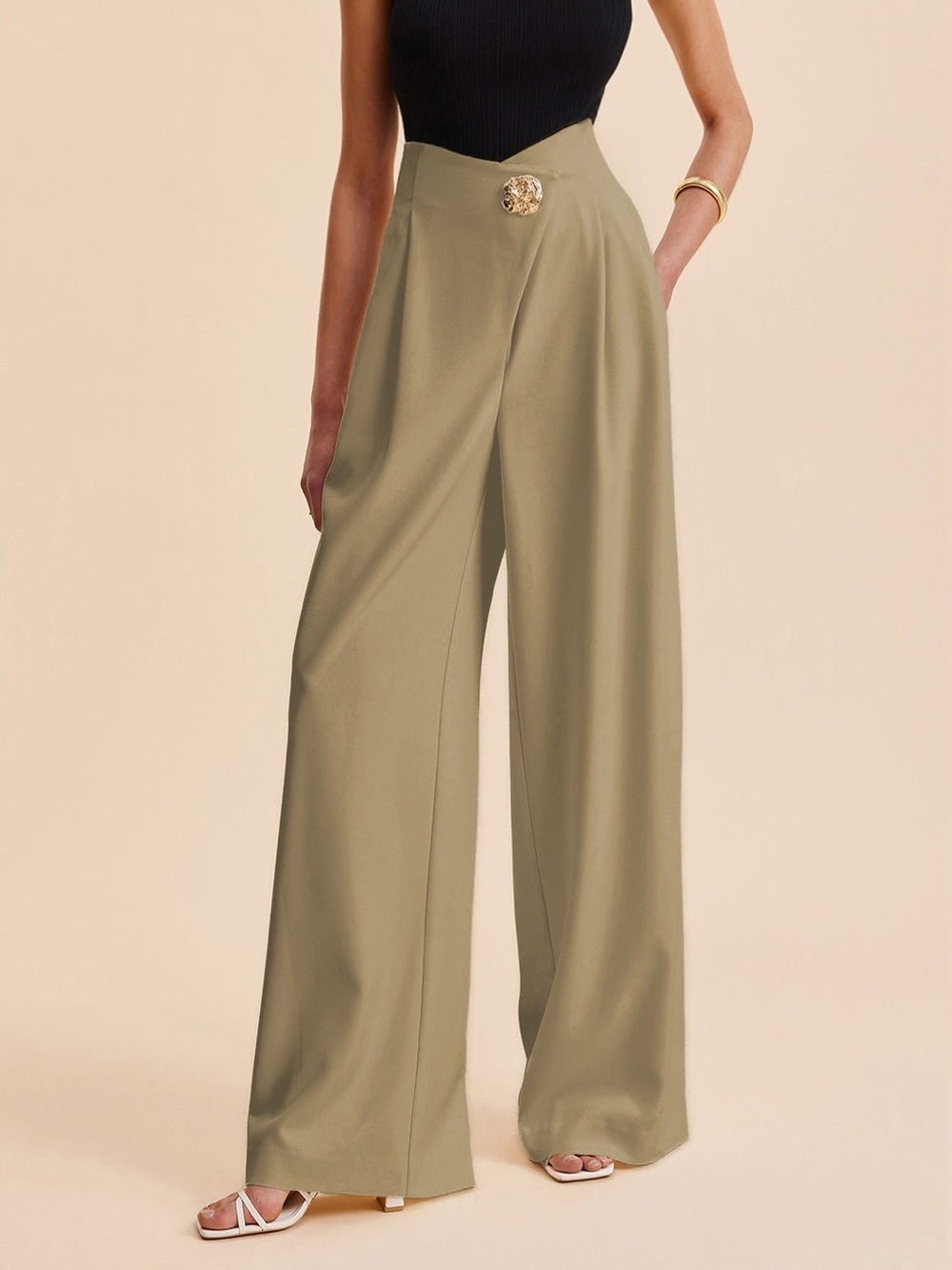 Commense High Waist Wide Leg Pants With Embellished Button